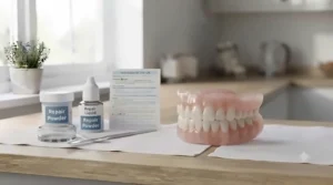 The finished, cleaned, and properly aligned denture set displayed next to the repair kit, ready for safe storage and ongoing use.