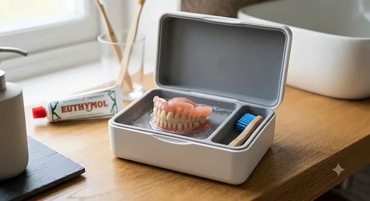 Inside view of the denture storage box showing a spacious compartment for full or partial dentures. discreet denture storage box