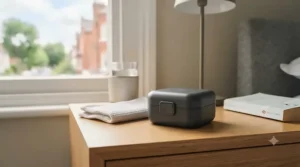 A modern, discreet denture case for travelling sitting on a hotel bedside table.
