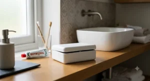Compact, discreet denture storage box in white, suitable for travel and home use.