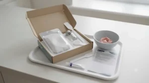 Flatlay of a UK-approved home denture reline kit including polymer powder, liquid catalyst, measuring cup, and mixing spatula.