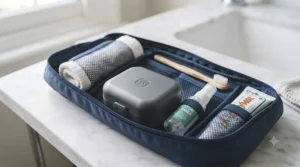 A durable, spill-proof denture case for travelling sitting inside a suitcase. denture case for travelling