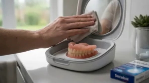 Explaining the hygiene benefits of using a denture case with mirror for daily cleaning routines.
