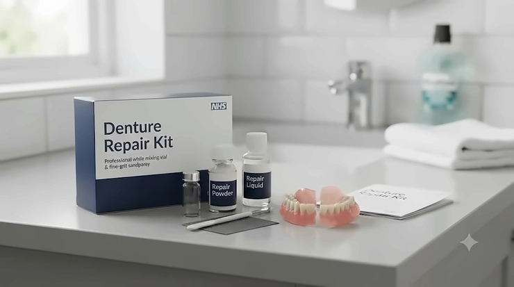 Emergency denture repair kit containing powder, liquid, and mixing tools for a temporary fix. emergency denture repair kit