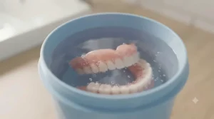 Dentures being submerged in a container of cool, clean water.