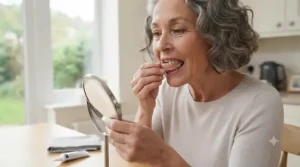 Person sitting in front of a mirror carefully inserting the relined denture and biting down to create a custom fit.