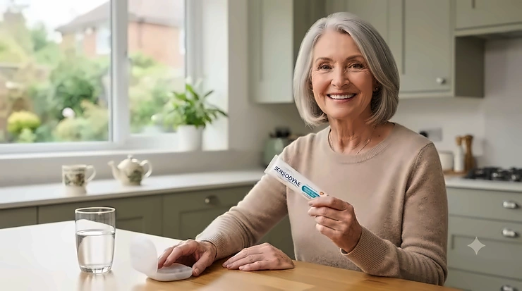 A woman smiling confidently while holding a tube of gentle denture fixative. gentle denture fixative sensitive gums