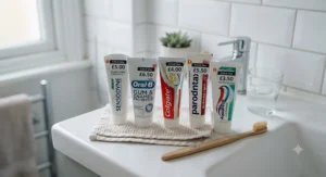 Flat lay of affordable UK gum health toothpastes under £10 on a clean bathroom tile surface, featuring leading anti-gingivitis brands.