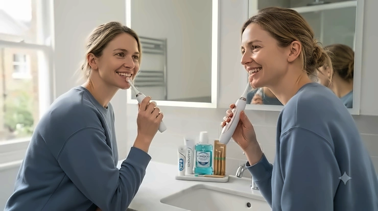 Modern electric gum massager being used to treat gingivitis and improve oral hygiene at home. gum massager for gingivitis