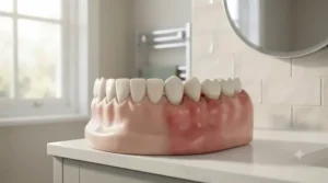 Medical comparison illustration showing healthy pink gums versus red, swollen gums affected by gingivitis.