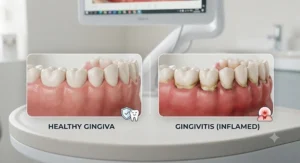 Dental diagram illustrating the visual differences between healthy pink tissue and early-stage inflamed, bleeding gums caused by plaque build-up.