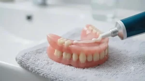 A close-up view showing the correct method of applying denture adhesive to a prosthetic to ensure a secure hold.
