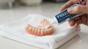 Applying short strips of zinc-free denture fixative to a clean, dry denture.