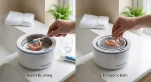 A step-by-step visual showing how to use a denture bath to soak and sanitise dentures effectively.