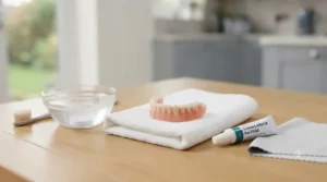 A clear, photorealistic setup showing dentures cleaned and dried on a white towel, ready for the relining process.