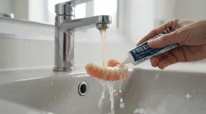 Rinsing mouth with warm water to gently remove zinc-free denture fixative.