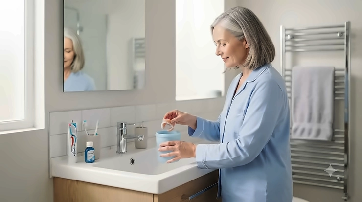 Person placing clean dentures into a dedicated, lidded soaking container filled with water on a bathroom shelf. how to store dentures overnight