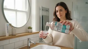 Person pouring daily mouthwash for gingivitis into a measuring cap as part of their oral care routine.