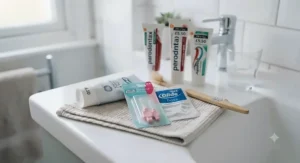Interdental brushes placed neatly next to a budget-friendly tube of gum protection toothpaste on a white ceramic sink.