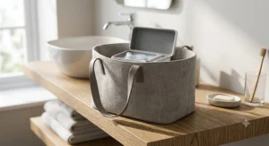 The discreet denture storage box sitting subtly on a modern, clean bathroom shelf.