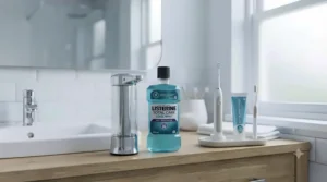 Bottle of Listerine Cool Mint mouthwash next to a toothbrush, representing routine daily plaque control and long-lasting fresh breath.