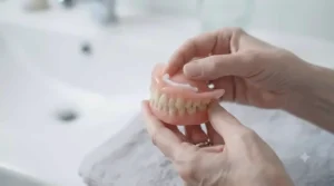 A pair of hands applying a thin, even strip of fixative cream to a denture, ensuring long-lasting all-day security.