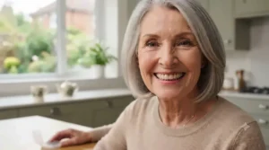 A smiling woman demonstrating the comfortable, long-lasting hold of the fixative.
