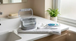 A clean, sanitised denture bath next to a toothbrush, illustrating a daily routine for optimal denture care.