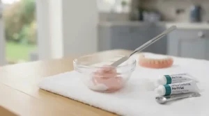 A close-up, photorealistic view of mixing dental reline putty in a glass bowl to the correct consistency for a secure, comfortable fit.