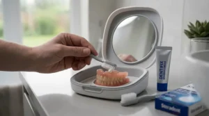 Ergonomic design of a denture case with mirror, easy for individuals with limited dexterity to open.