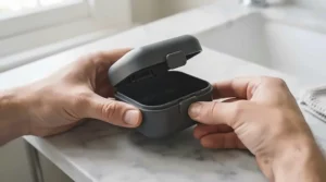 Close-up of hands opening a secure-locking denture case for travelling.