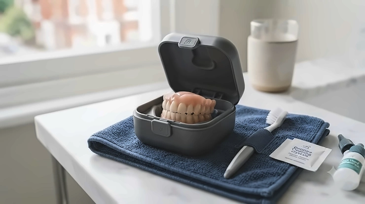 A portable denture case for travelling, including a small cleaning brush and case. denture case for travelling