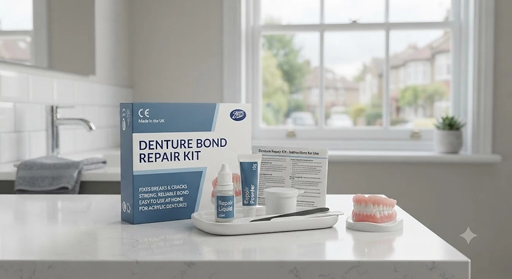 Preparing dentures for a bond repair kit by cleaning the fractured surface thoroughly. denture bond repair kit