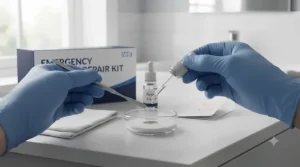 The precise application of repair resin to reattach a loose denture tooth to the plate.