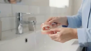 Rinsing dentures under fresh, cool water in the morning before putting them in.
