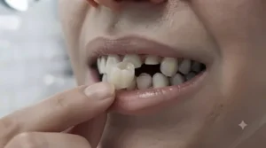 Applying dental filling repair material inside a loose crown or cap before placing it back on the tooth.