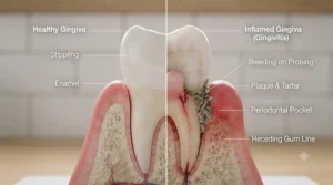 Dental diagram highlighting inflamed gums that can be treated with a specialist mouthwash for gingivitis.