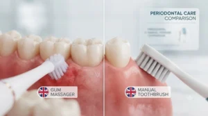 Close-up of flexible silicone bristles on a therapeutic gum massager designed for inflamed and bleeding gums.