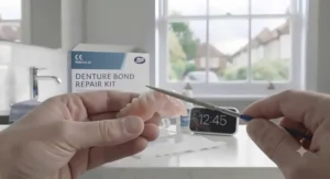 Using the file provided in the denture bond repair kit to carefully smooth down any excess material.