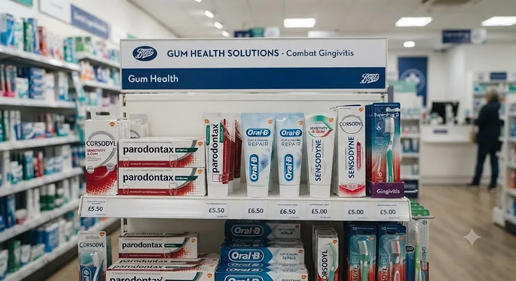 Pharmacy and supermarket shelf displaying a variety of oral care products and anti-gingivitis toothpastes priced under £10. gingivitis toothpaste under £10