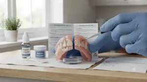 Close-up view demonstrating the application of repair resin to a fracture line in a dental appliance.