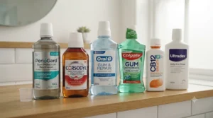 Selection of pharmacist-recommended mouthwash for gingivitis products lined up on a shelf.