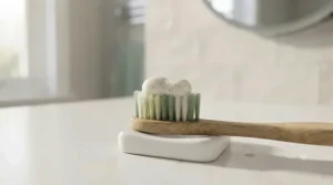 Close-up of therapeutic toothpaste for gingivitis squeezed onto a soft toothbrush ready for gentle gum care.