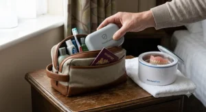 A compact, leak-proof denture bath placed inside a toiletry bag, perfect for travelling.