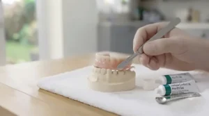 Showing the use of a scalpel to carefully trim any excess material from the edges of the denture to prevent future gum irritation.