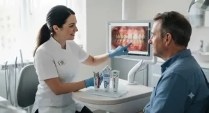 A friendly UK dental professional discussing oral hygiene and recommending over-the-counter gingivitis treatments to a patient.
