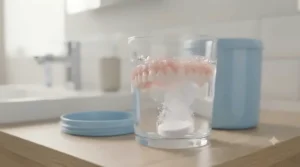 A denture cleaning tablet dissolving in a glass of water with the appliance.