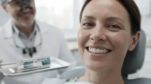 Person smiling confidently after using an emergency dental repair kit while waiting for a dentist appointment.