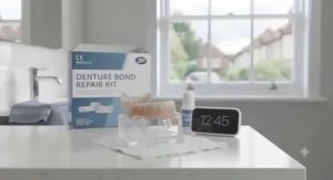Allowing the denture bond repair kit to set fully to ensure a durable and long-lasting mend.