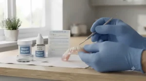 Using a precision tool to inspect a denture fracture, helping the user determine if a home repair is safe or if a professional consultation is required.
